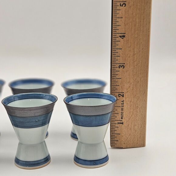 Japanese Hand Decorated Blue Silver White Sake Cups Set of 8 with Box - Picture 9 of 10